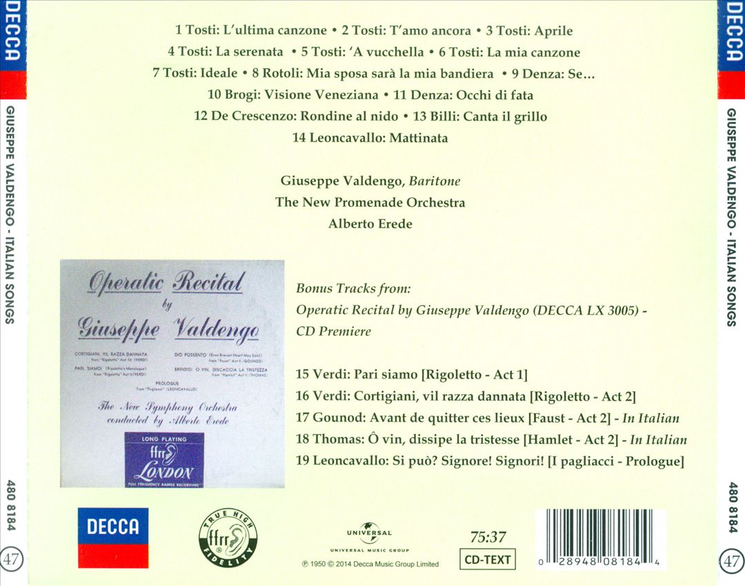 Giuseppe Valdengo: Italian Songs, Vol. 47 cover art