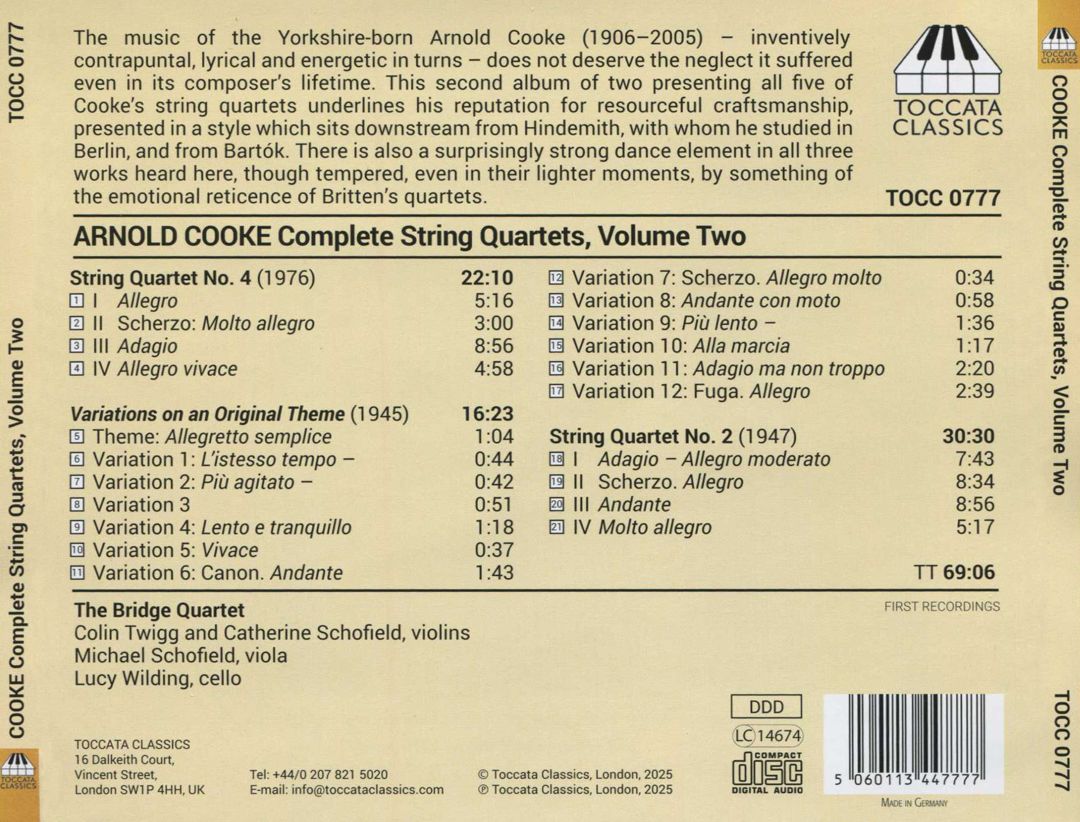 Arnold Cooke: Complete String Quartets, Vol. 2 cover art