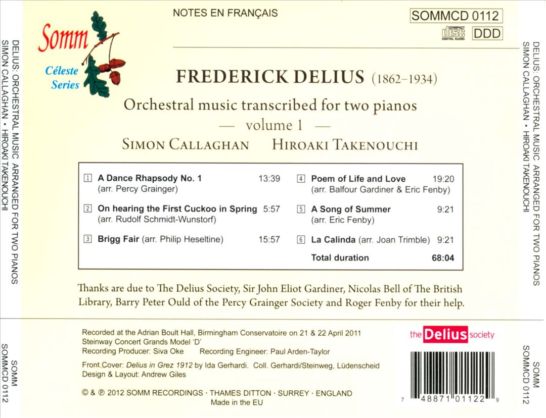 Delius: Orchestral Music Arranged for Two Pianos, Vol. 1 cover art