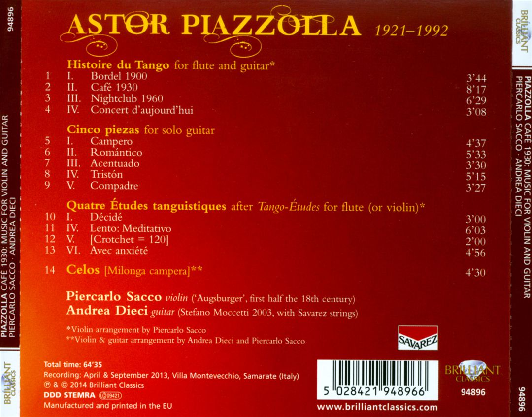 Piazzolla: Café 1930, Music for Violin and Guitar cover art