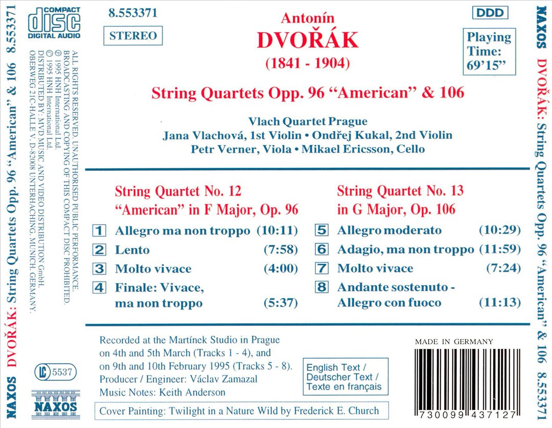 Dvorák: String Quartets Opp. 96 "American" and 106 cover art