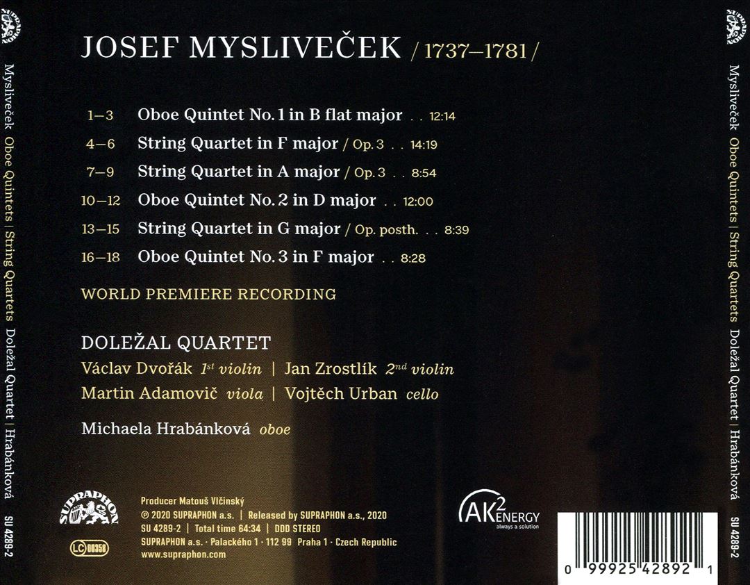 Josef Myslivecek: Oboe Quintets; String Quartets cover art