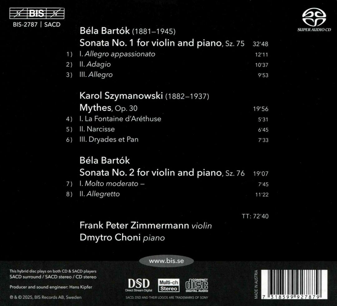 Bartók: Sonatas Nos 1 & 2 for violin & piano; Szymanowski: Mythes cover art
