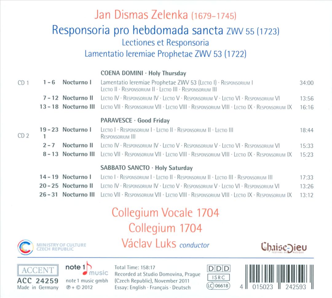 Jan Dismas Zelenka: Responsoria pro hebdomada sancta; Lamentatio Ieremiae Prophetae cover art