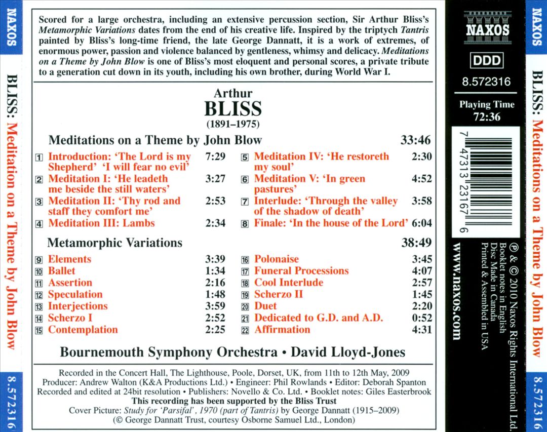 Arthur Bliss: Meditations on a Theme by John Blow; Metamorphic Variations cover art