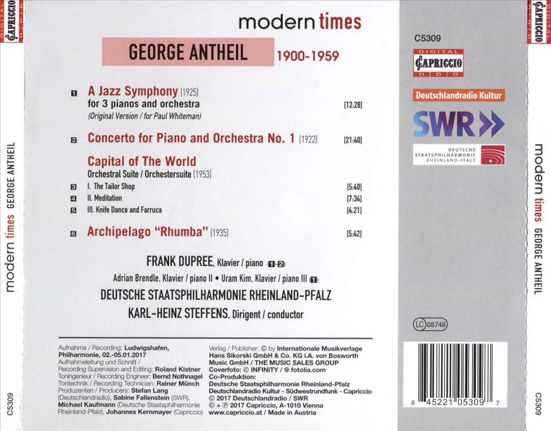 George Antheil: A Jazz Symphony; Piano Concerto No. 1; Capital of the World Suite; Archipelago Rhumba cover art