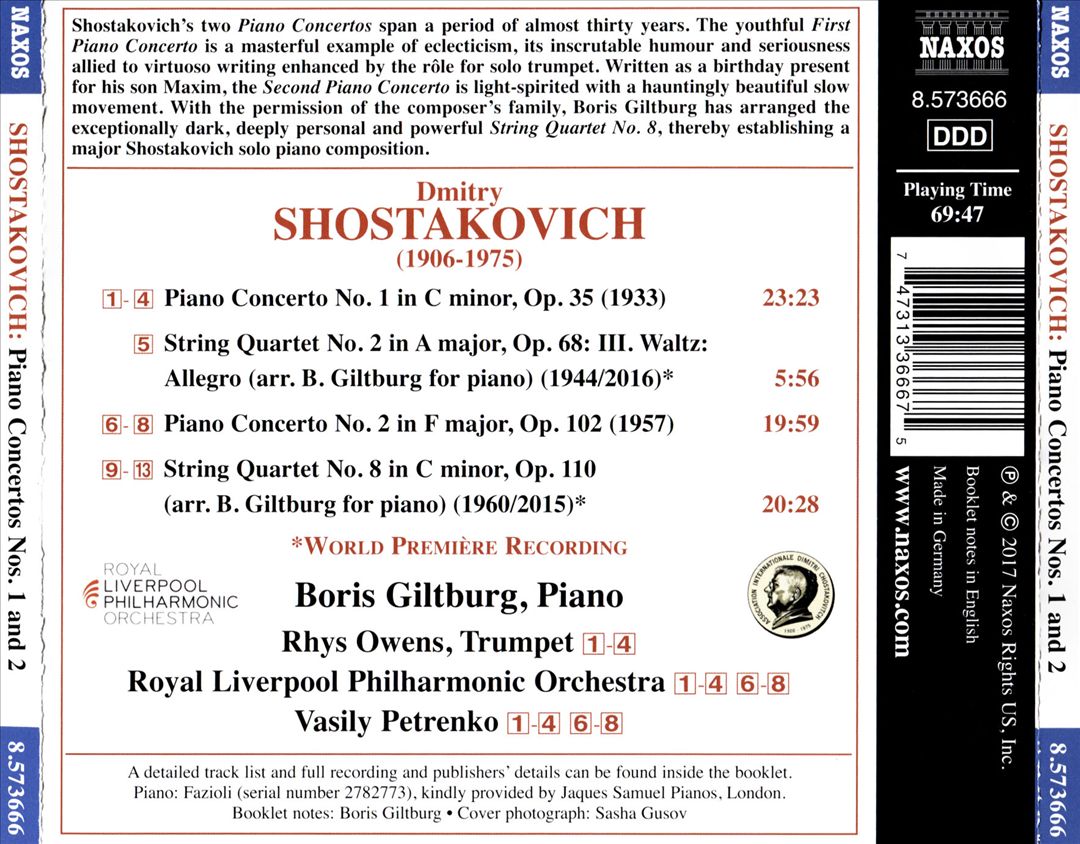 Shostakovich: Piano Concertos Nos. 1 and 2; String Quartet No. 8 (arranged for piano by Boris Giltburg) cover art