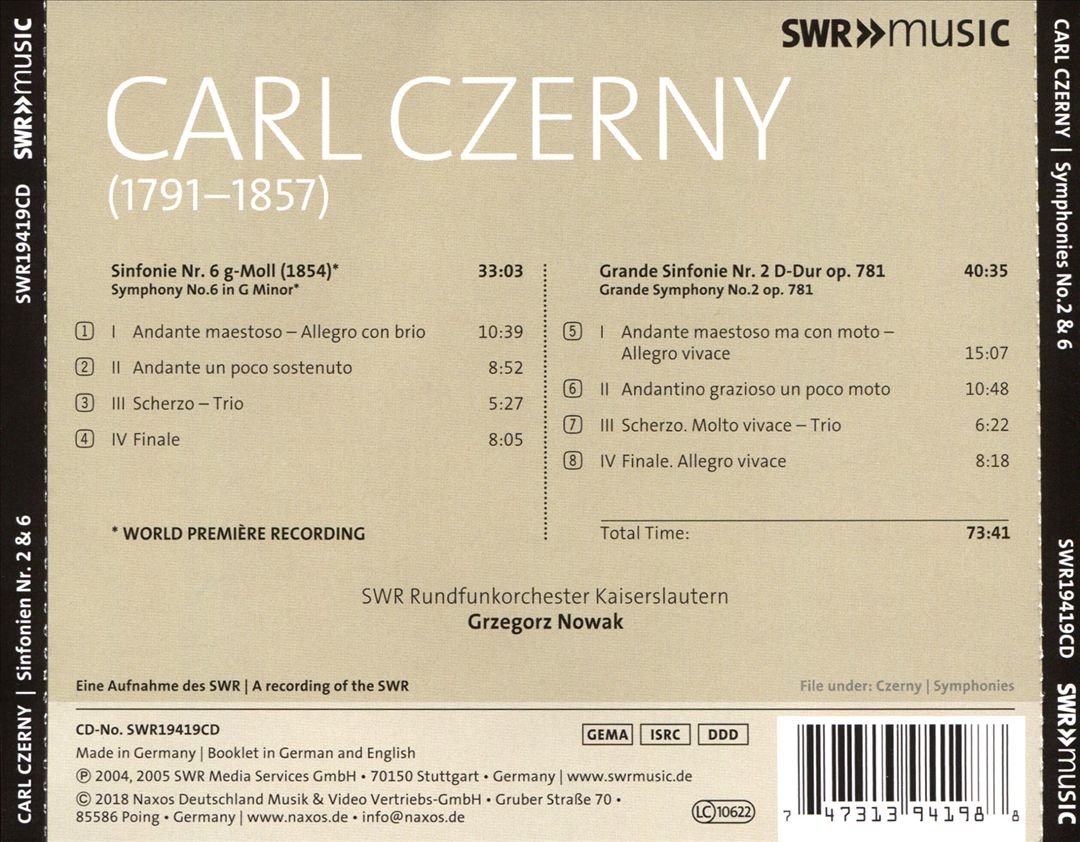 Carl Czerny: Symphonies No. 2 & 6 cover art