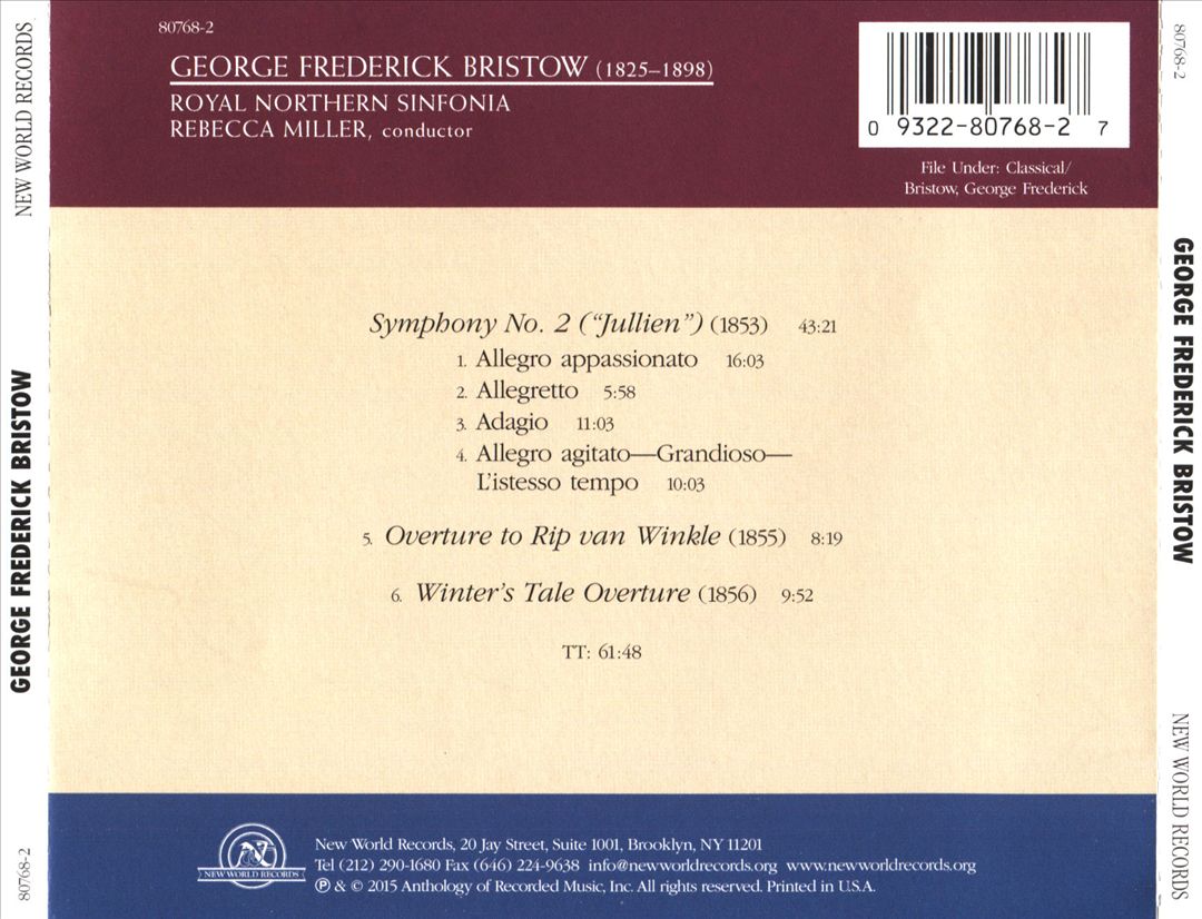 George Frederick Bristow: Symphony No. 2 ("Jullien"); Overture to Rip van Winkle; Winter's Tale Overture cover art