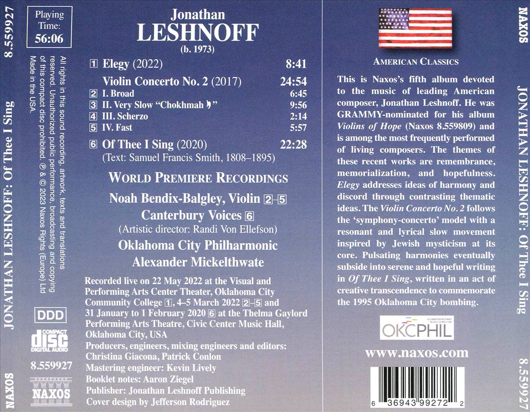Jonathan Leshnoff: Elegy; Violin Concerto No. 2; Of Thee I Sing cover art