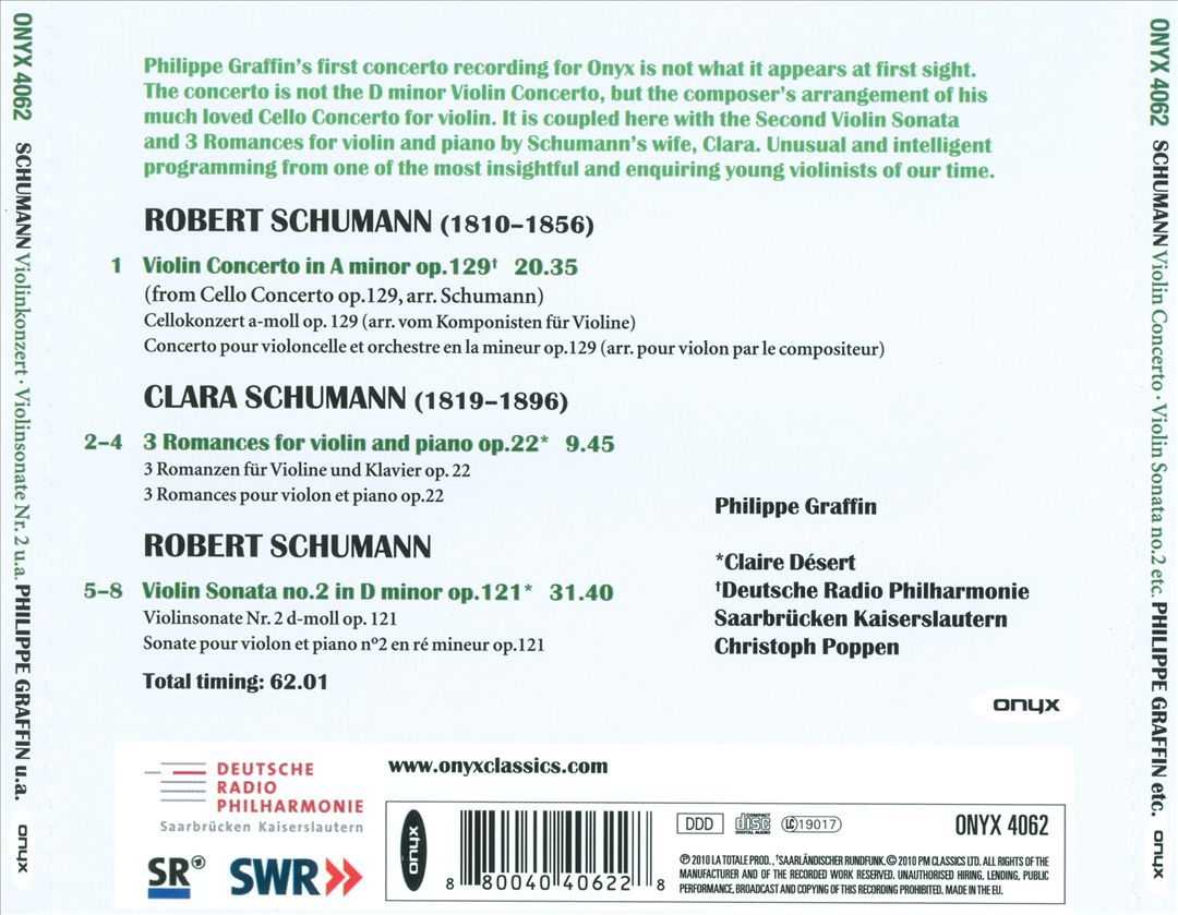Schumann: Violin Concerto; Violin Sonata No. 2 cover art