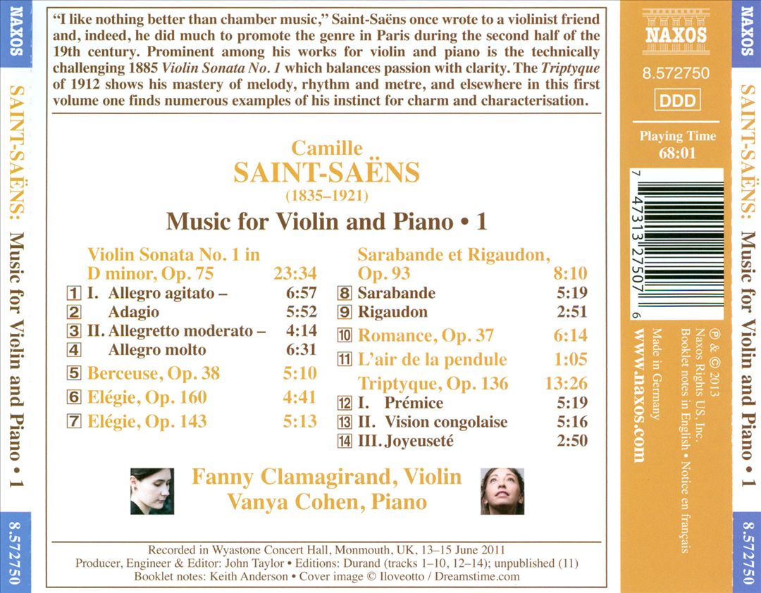 Saint-Saëns: Violin Sonata No. 1; Berceuse; Triptyque cover art