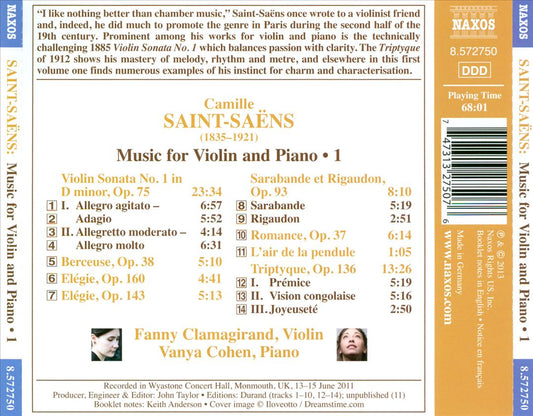 Saint-Saëns: Violin Sonata No. 1; Berceuse; Triptyque cover art