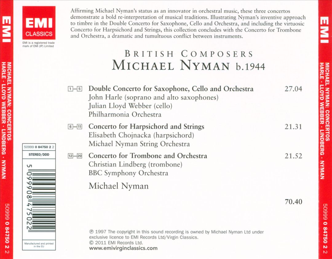 Michael Nyman: Double Concerto for Saxophone & Cello; Harpsichord Concerto; Trombone Concerto cover art