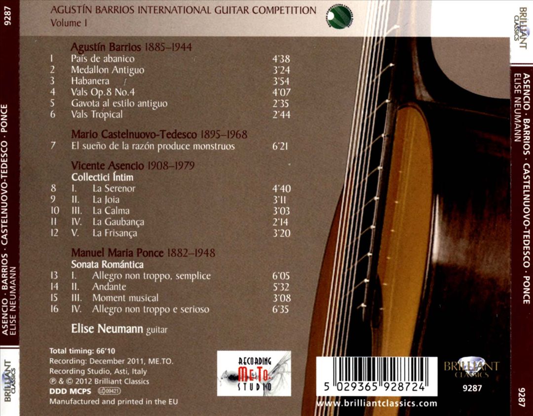 Agustín Barrios International Guitar Competition, Vol. 1: Elise Neumann cover art