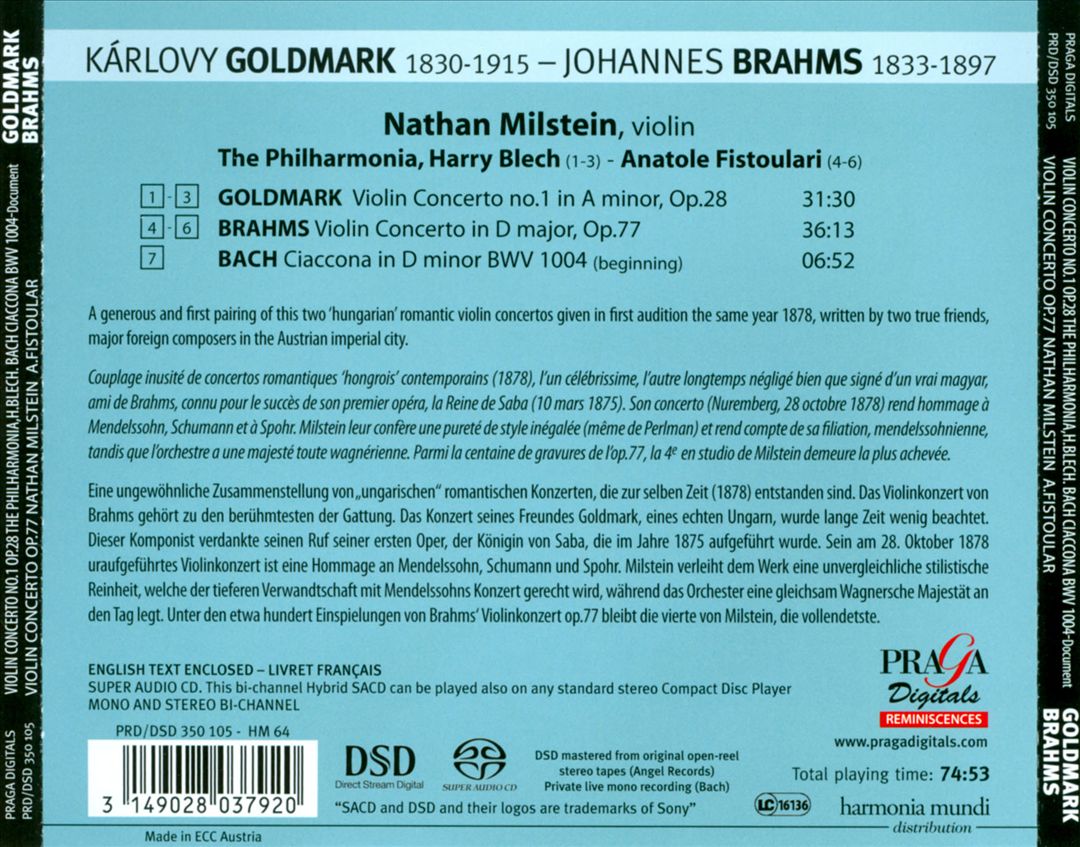 Karoly Goldmark: Violin Concerto No. 1; Johannes Brahms: Violin Concerto Op. 77; Jean Sebastian Bach: Ciacona BWV 1004 cover art