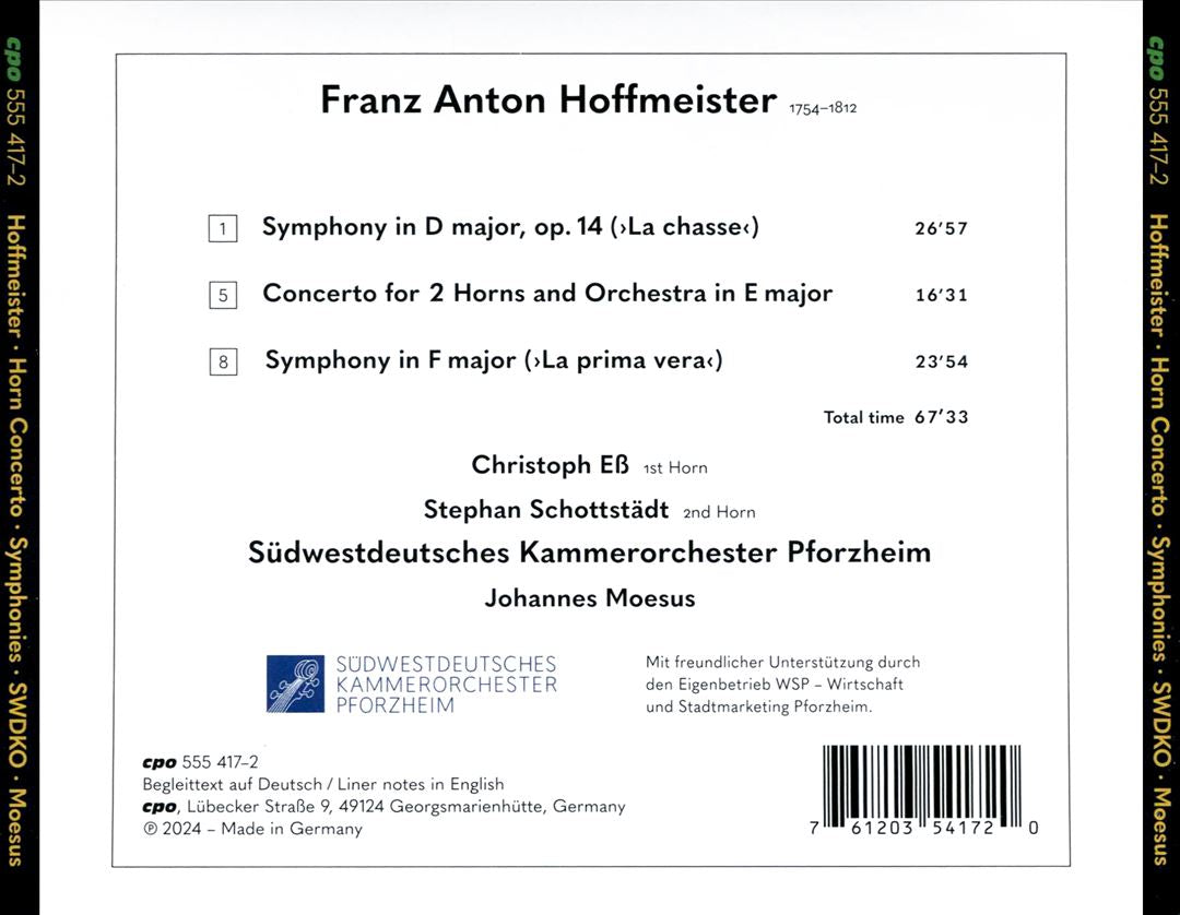 Franz Anton Hoffmeister: Concerto for 2 Horns; 2 Symphonies cover art