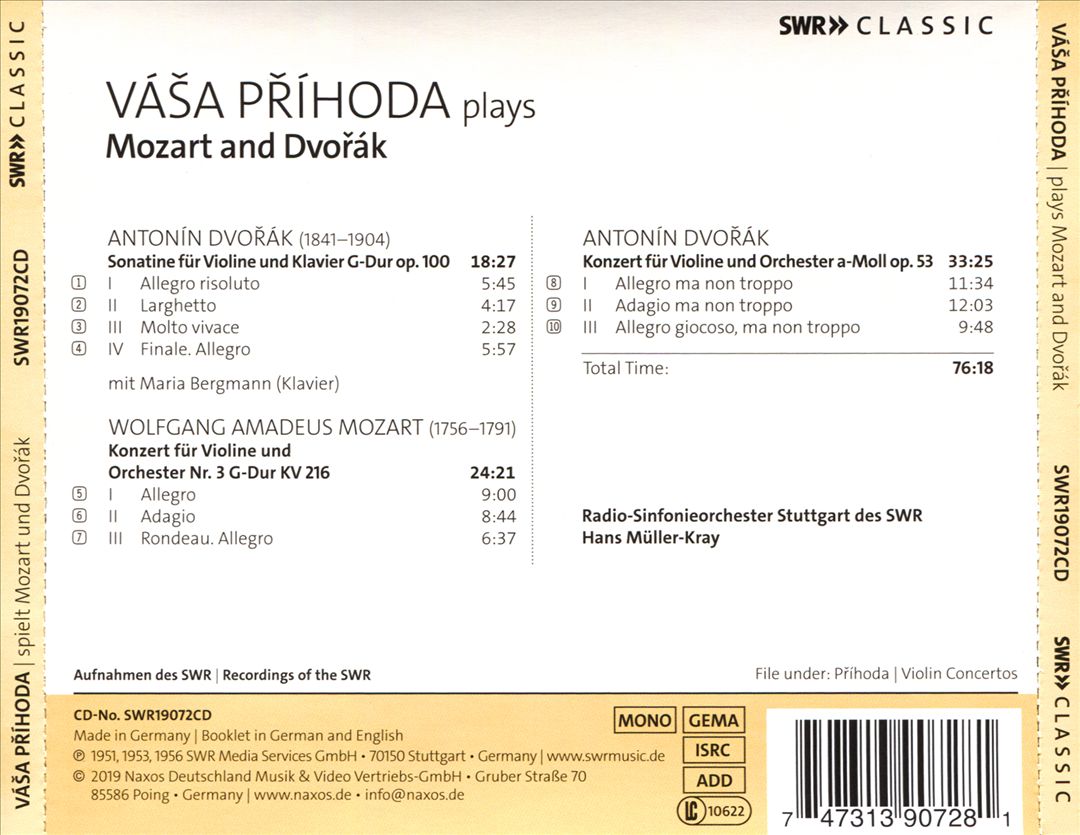 Váša Príhoda plays Mozart, Dvorák cover art