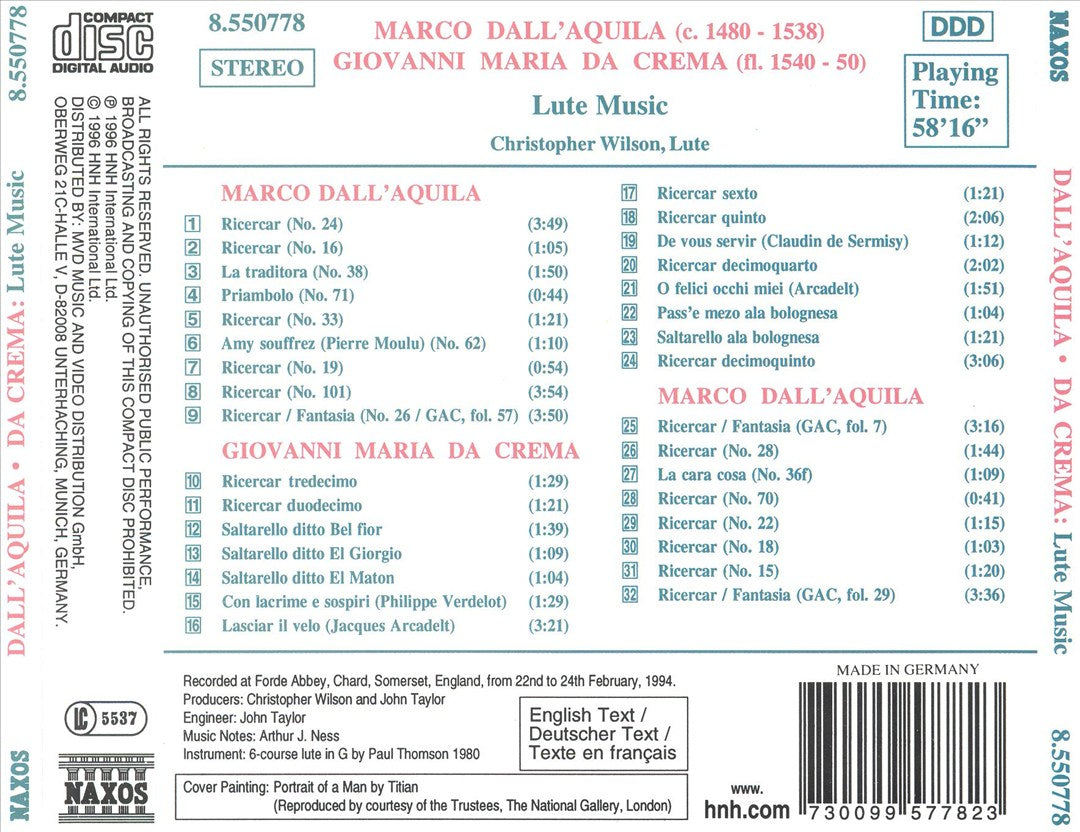 Dall'Quila, Da Crema: Lute Music cover art
