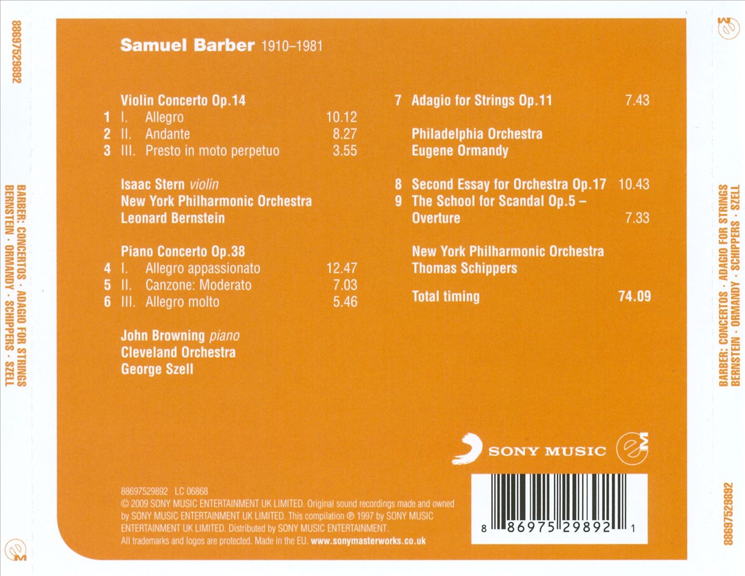 Barber: Violin Concerto; Piano Concerto; Adagio for Strings cover art