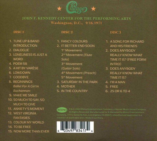 Chicago At The John F. Kennedy Center For The Performing Arts, Washington D.C. 9/16/1971 [3 CD] cover art
