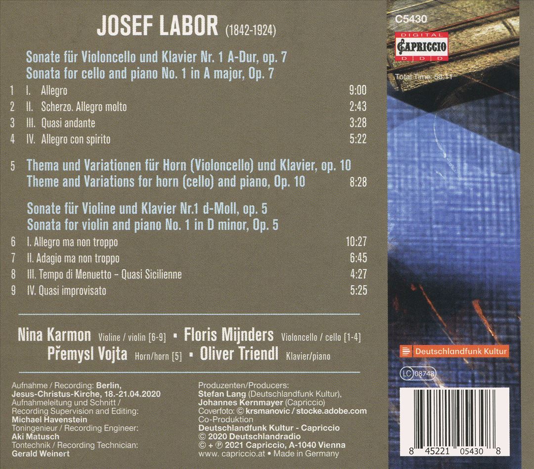 Josef Labor: Violin Sonata Op. 5; Cello Sonata Op. 7; Theme and Variations Op. 10 cover art