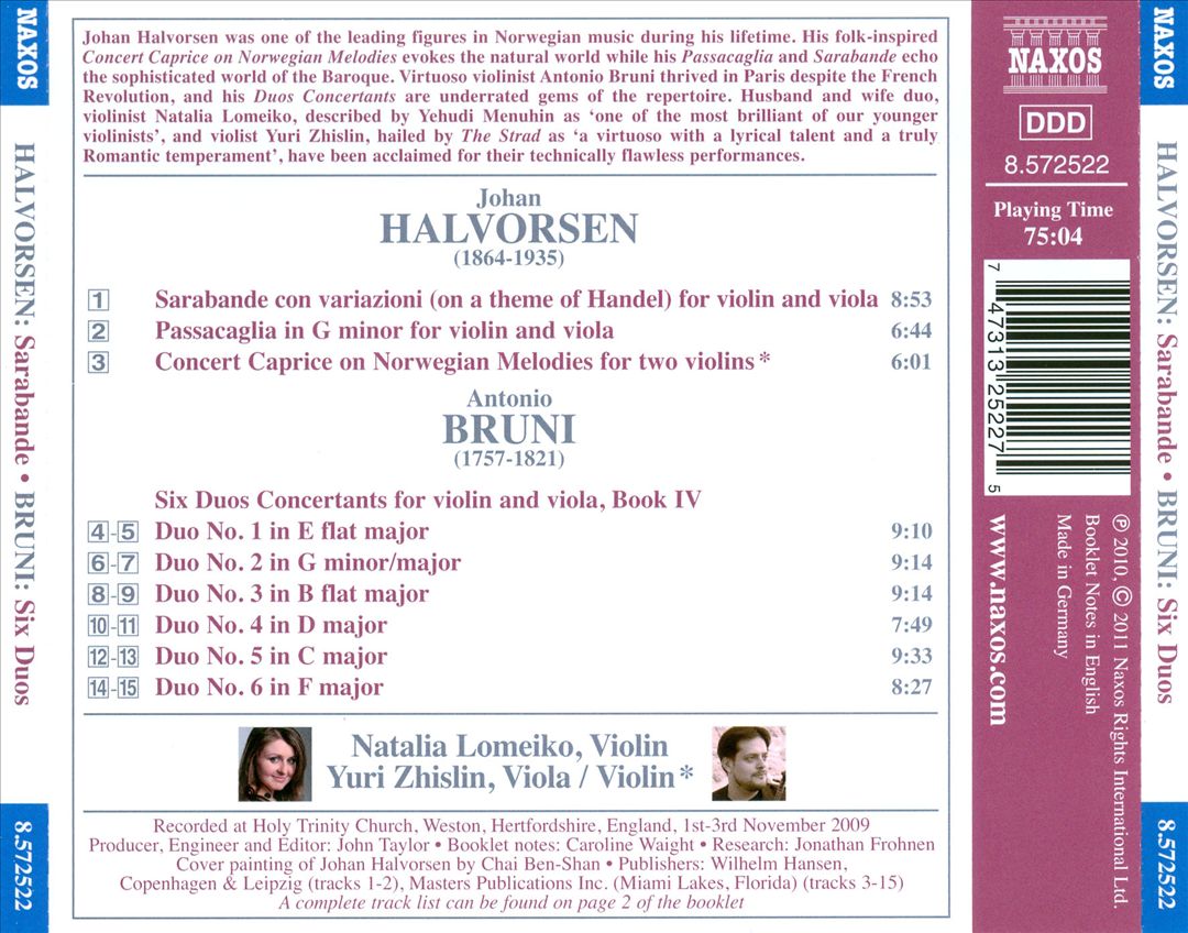Halvorsen: Sarabande; Passacaglia; Concert Caprice On Norwegian Melodies; Bruni: Six Duos Concertants cover art