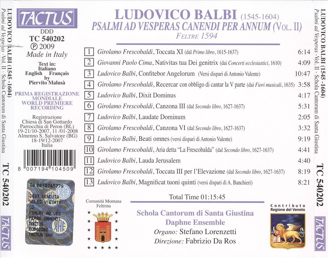 Ludovico Balbi: Psalm ad Vesperas Canendi per Annum, Vol. 2 cover art