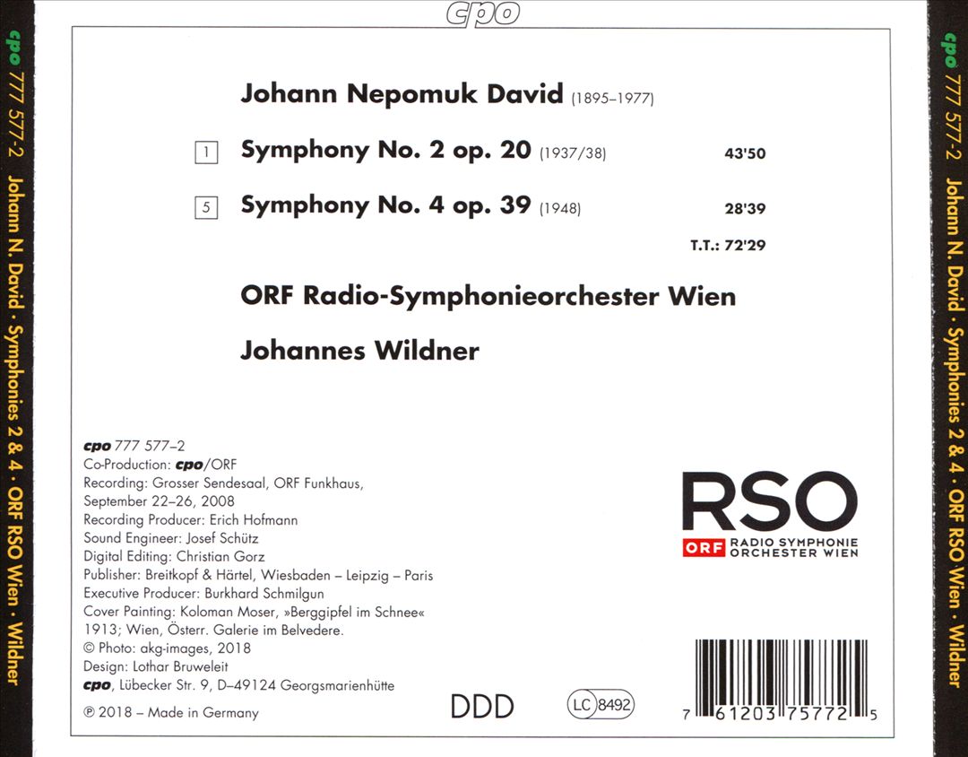 Johann Nepomuk David: Symphonies 2 & 4 cover art