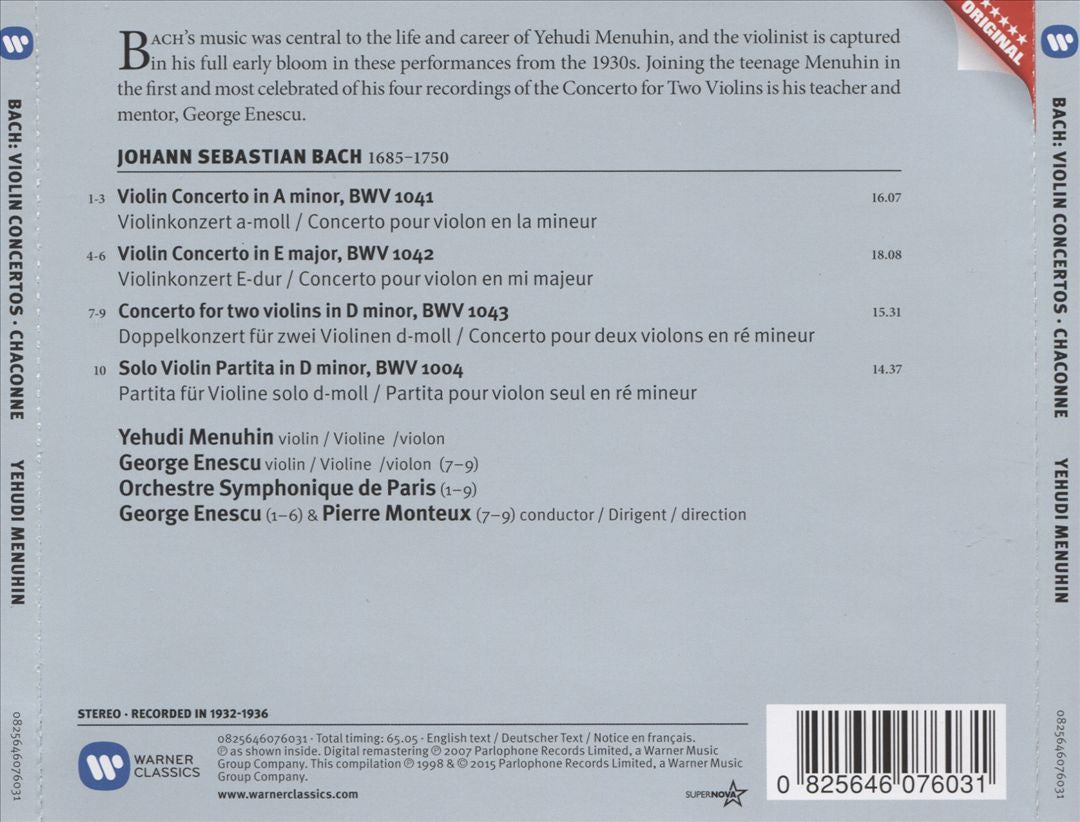 J.S. Bach: Violin Concertos BWV 1041 & 1042; Double Concerto BWV 1043; Partita No. 2 - Chaconne cover art