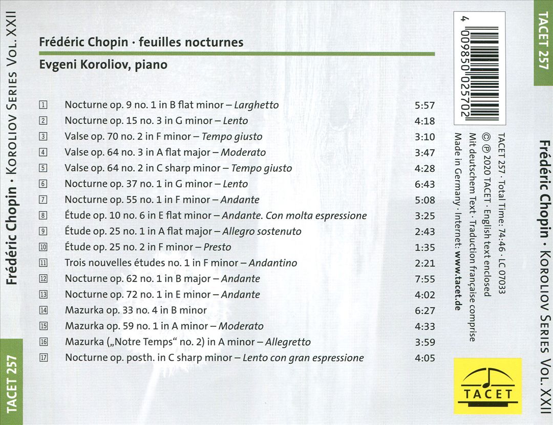 Koroliov Series Vol. XXII: Feuilles Nocturnes - Nocturnes, Waltzes, Etudes, and Mazurkas by Frederic Chopin cover art