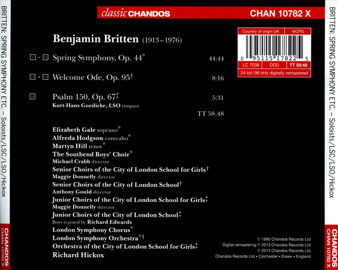 Britten: Spring Symphony; Welcome Ode; Psalm 150 cover art