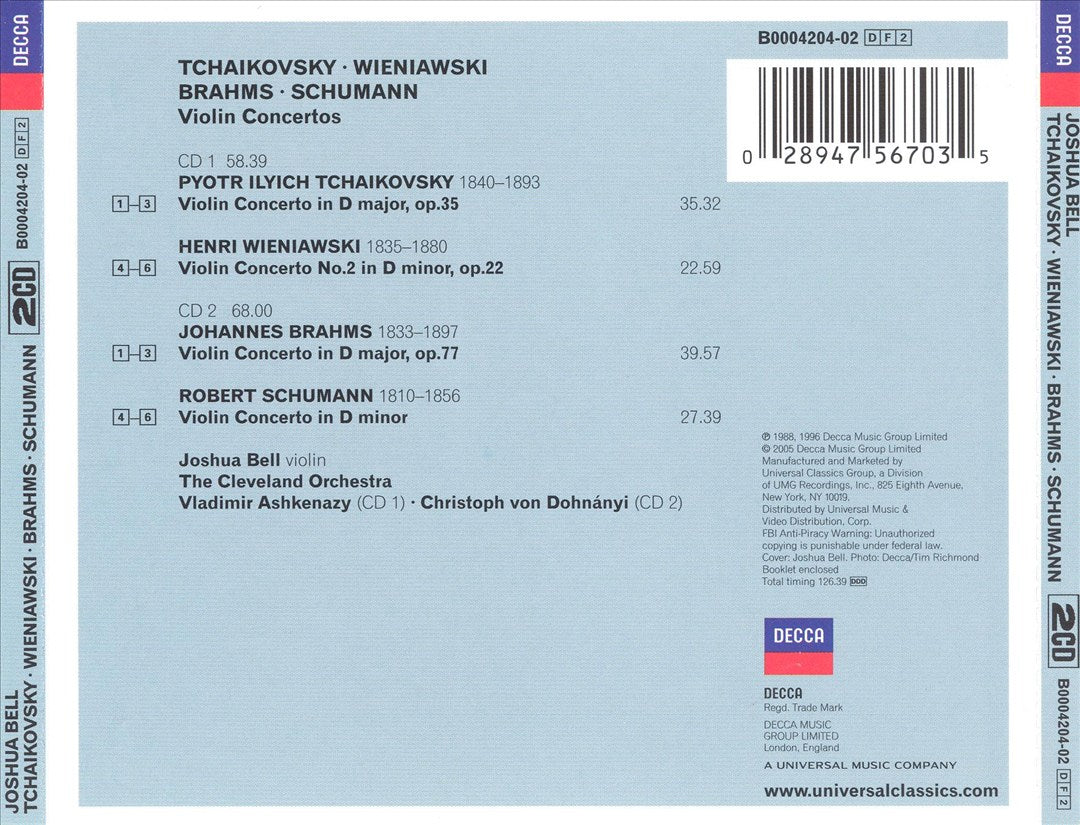 Tchaikovsky, Wienawski, Brahms, Schumann: Violin Concertos cover art