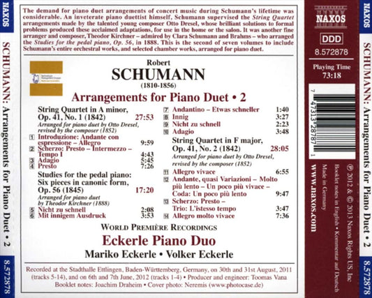 Robert Schumann: Arrangements for Piano Duet, Vol. 2 - String Quartet in A minor and F major; Studies for the pedal piano cover art
