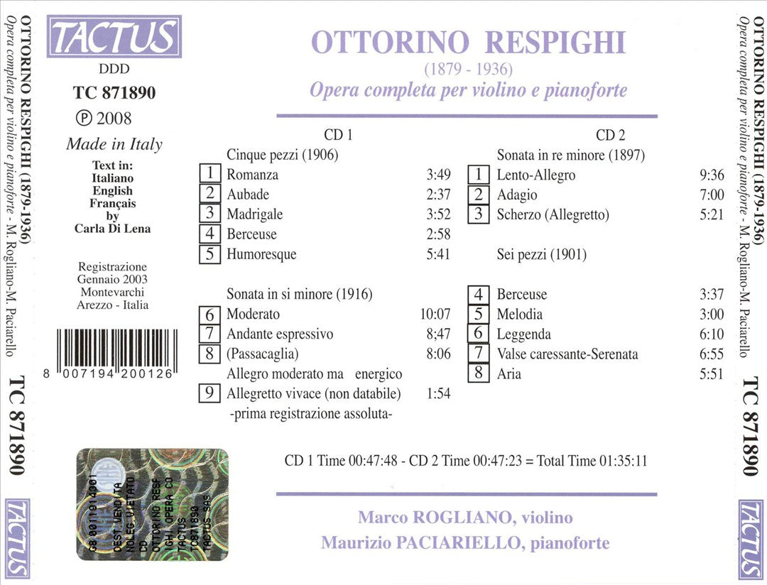 Respighi: Opera Completa per Violino e Pianoforte cover art