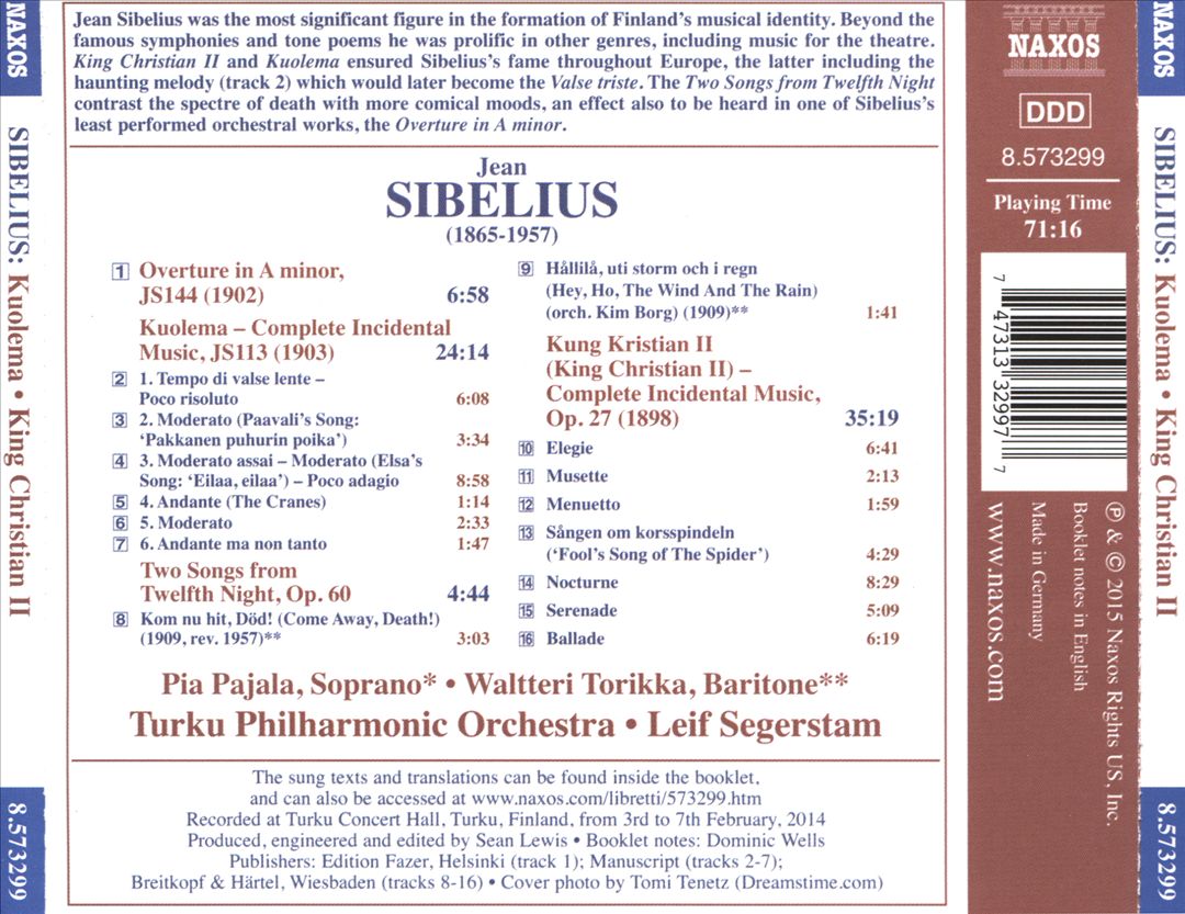 Sibelius: Kuolema; King Christian II; Overture in A minor; Two Songs from Twelfth Night cover art