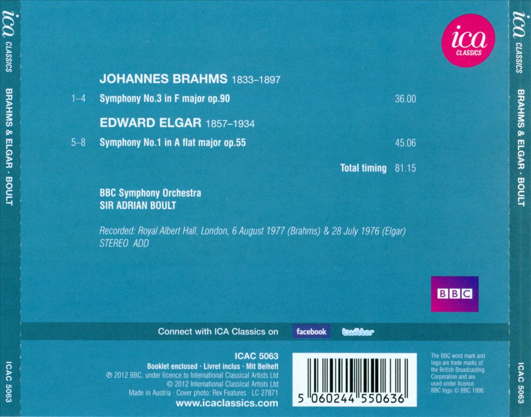 Brahms: Symphony No. 3; Elgar: Symphony No. 1 cover art