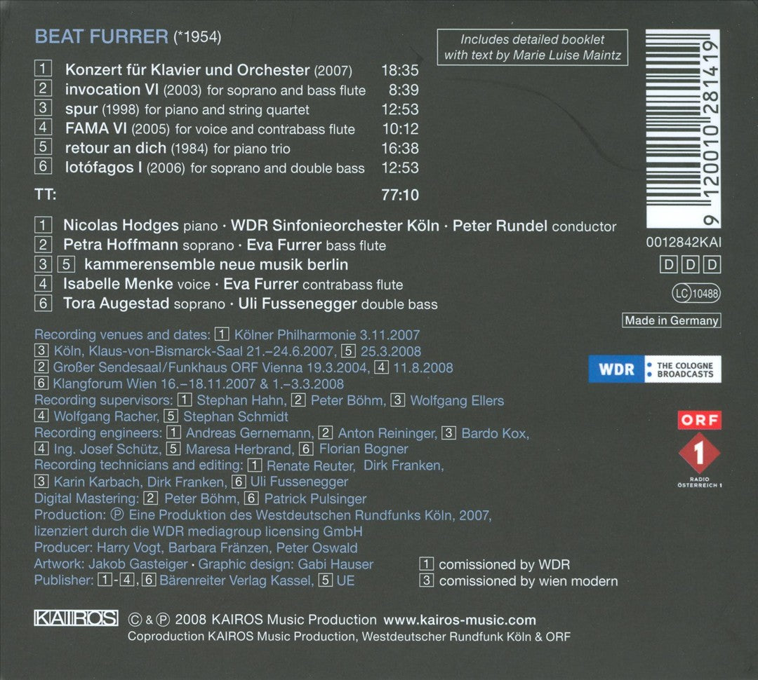Beat Furrer: Konzert für Klavier und Orchester; Invocation VI; Spur; FAMA IV; Retour an Dich; Lotófagos I cover art