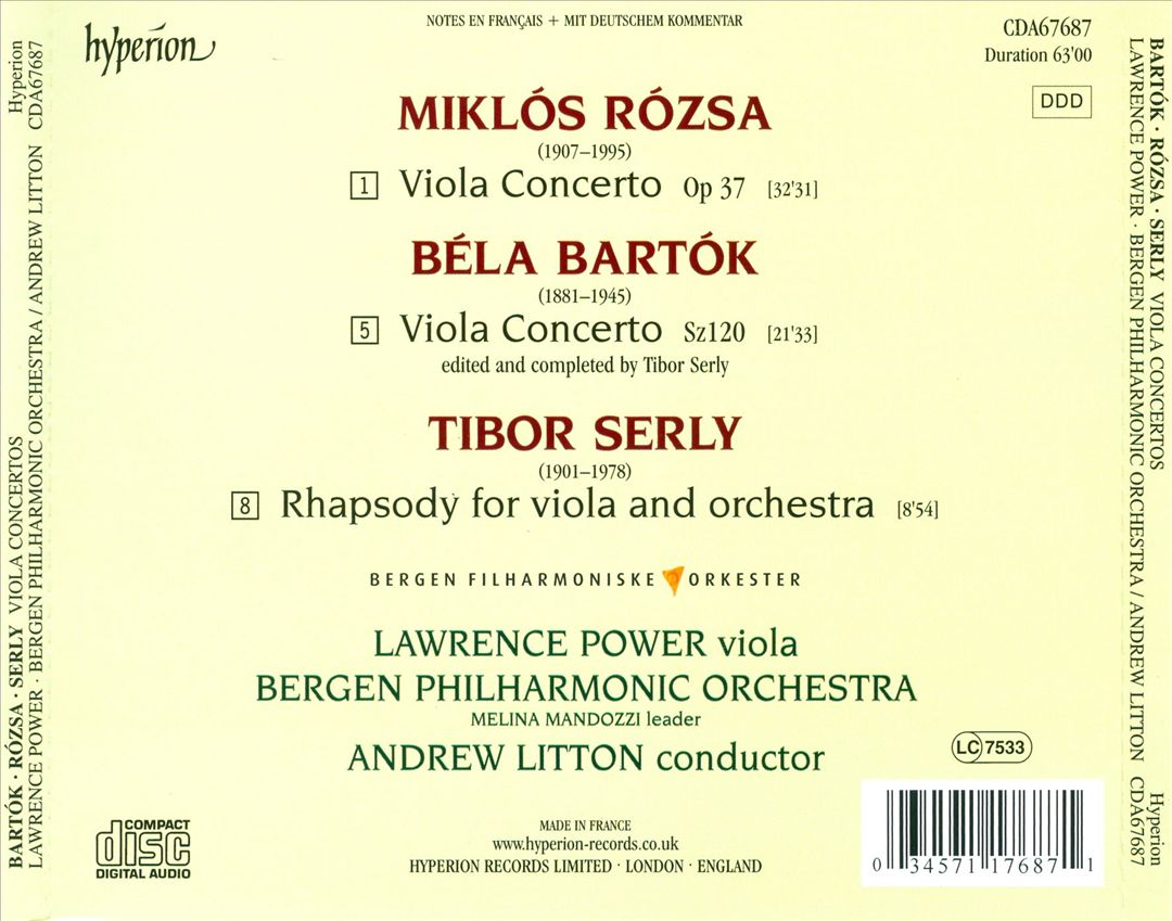 Rózsa: Viola Concerto; Serly: Rhapsody for Viola & Orchestra; Bartók: Viola Concerto cover art