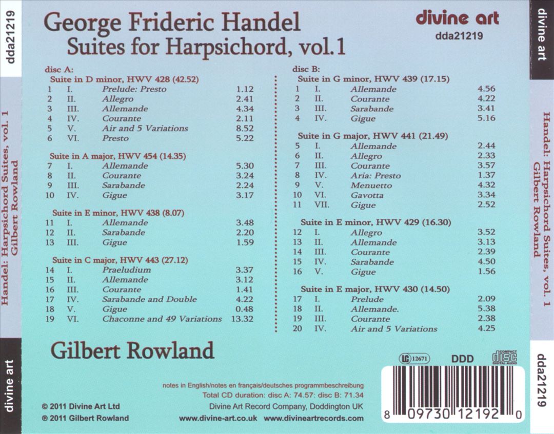 Handel: Suites for Harpsichord, Vol. 1 cover art