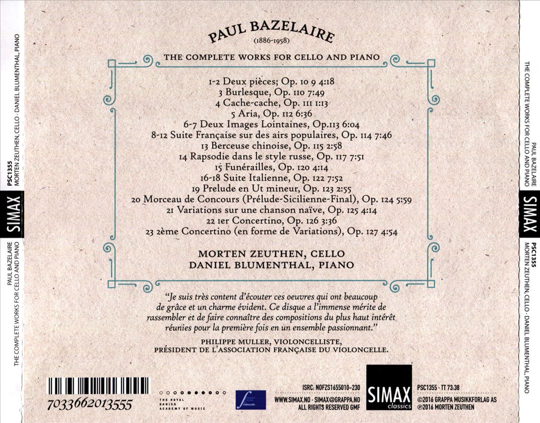 Paul Bazelaire: Intégrale de L'œuvre Originale pour Violoncelle et Piano cover art