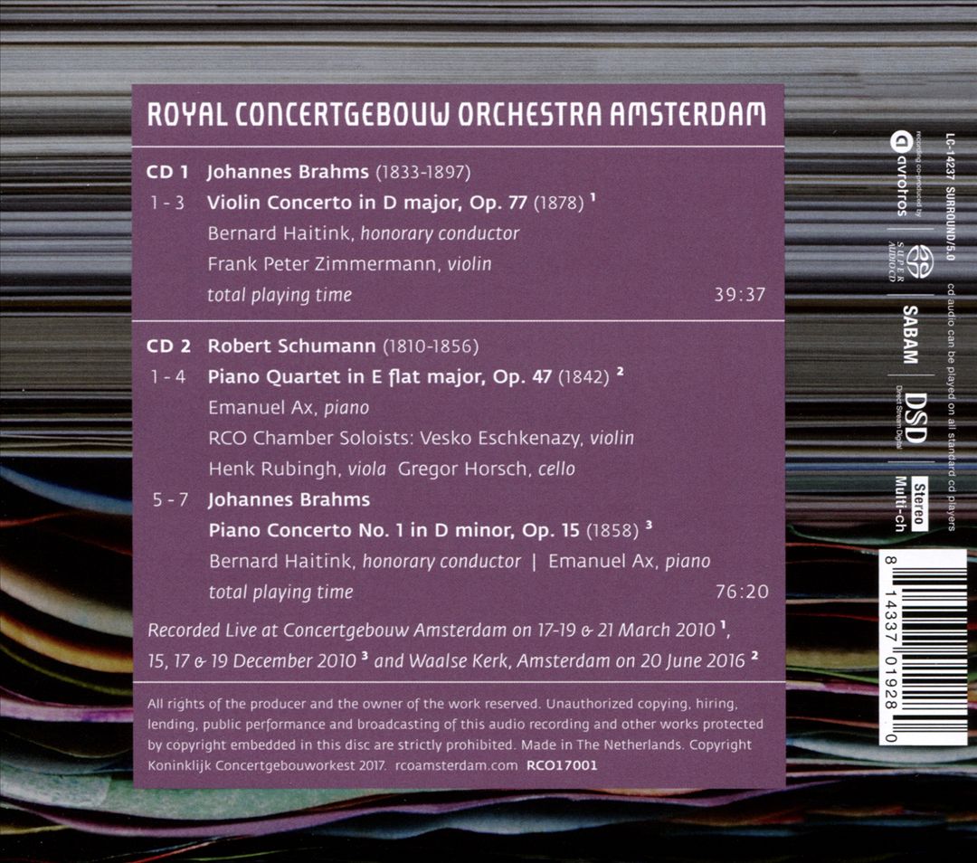 Brahms: Piano Concerto No. 1; Violin Concerto; Schumann: Piano Quartet cover art