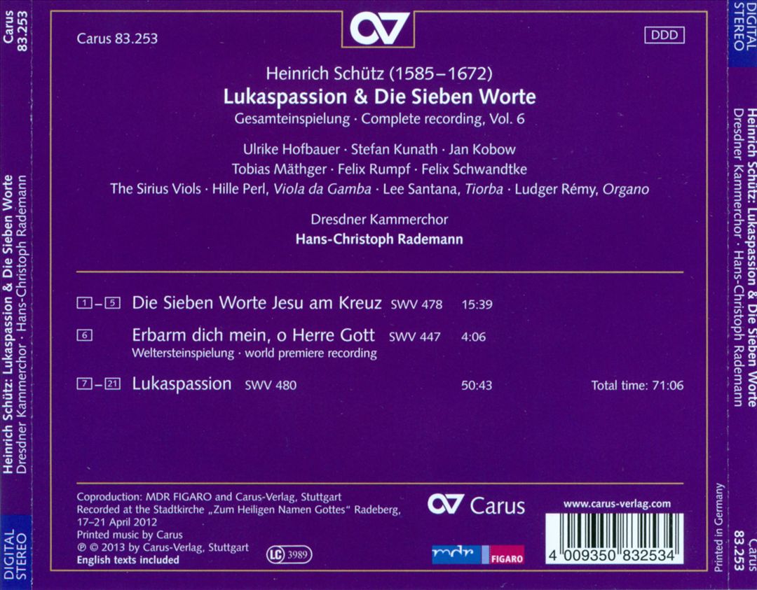 Heinrich Schütz: St. Luke Passion; Die Sieben Worte cover art