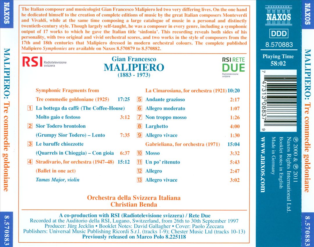 Gian Francesco Malipiero: Tre Commedie Goldoniane cover art