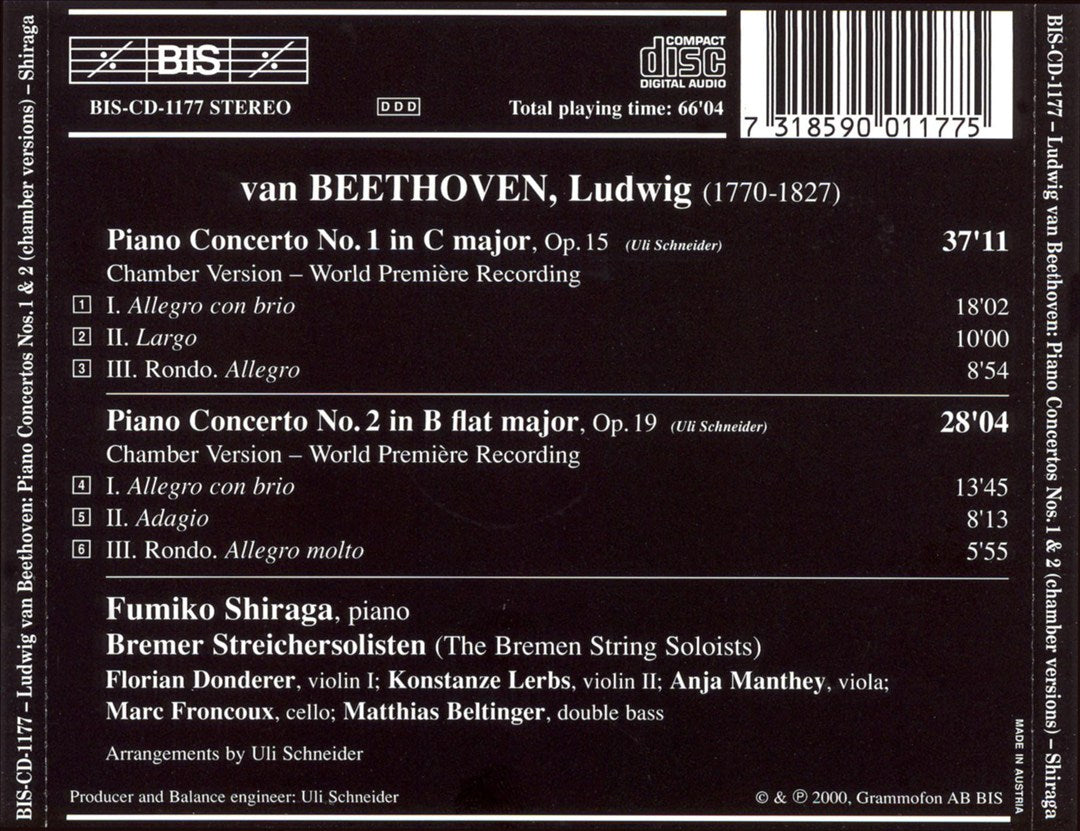 Beethoven: Piano Concertos Nos. 1 & 2 (Versions for Piano & String Quintet) cover art