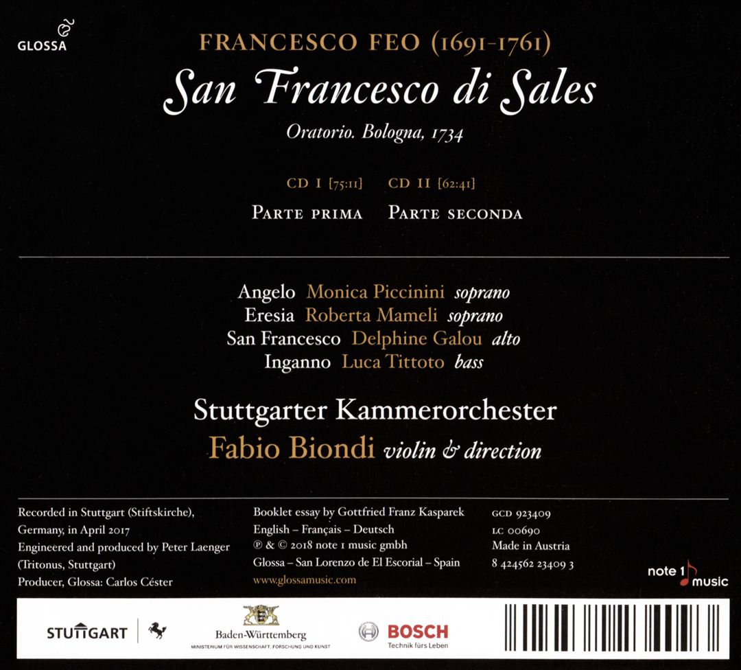 Francesco Feo: San Francesco di Sales, Oratorio Bologna, 1734 cover art