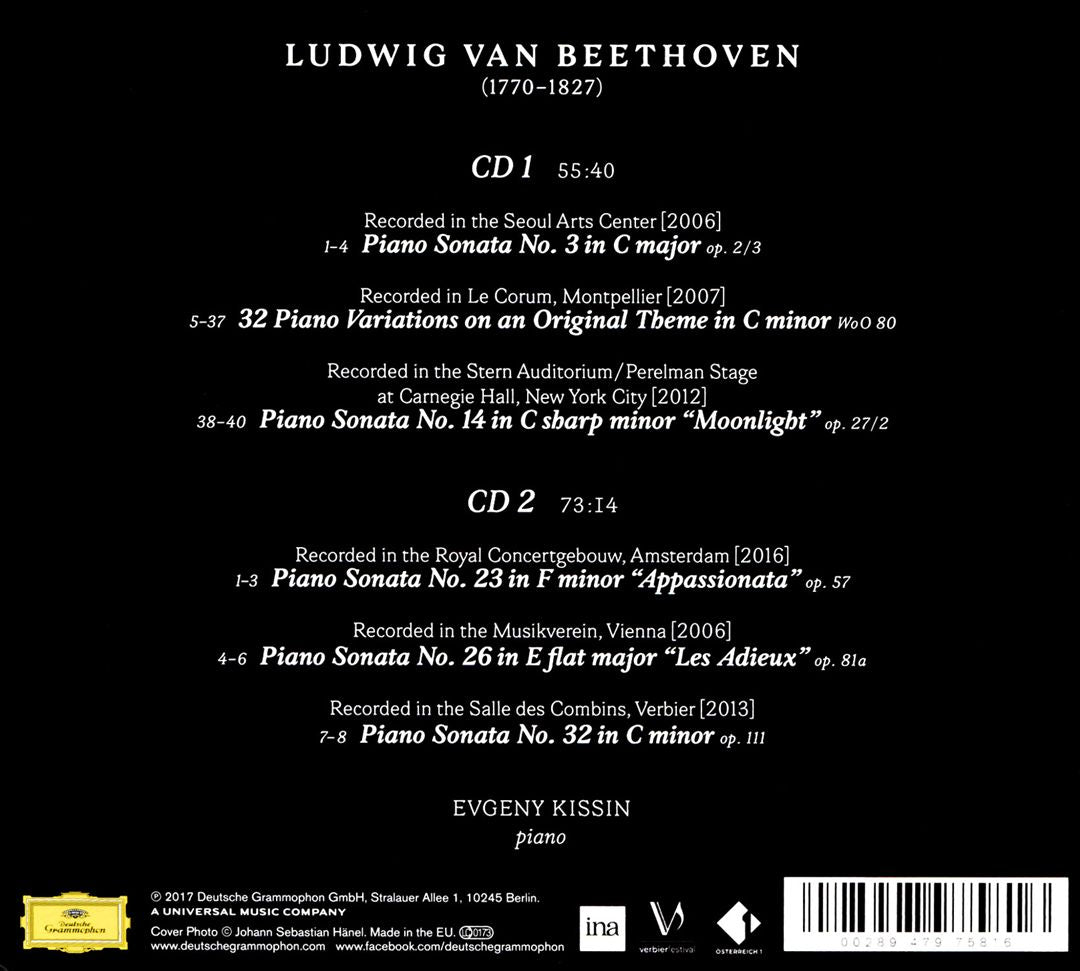 Beethoven: Piano Sonatas No. 3, No. 14 "Moonlight", No. 23 "Appassionata", No. 26 "Les Adieux", No. 32; 32 Variations in C minor cover art