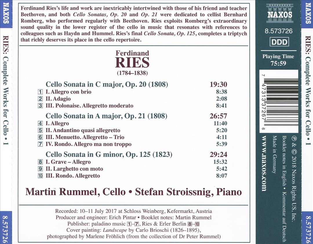 Ferdinand Ries: Complete Works for Cello, Vol. 1 cover art