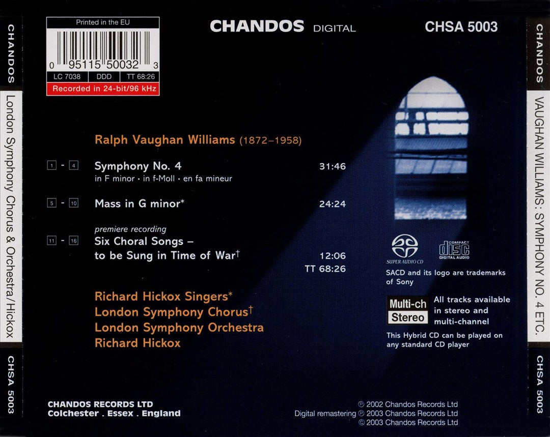 Vaughan Williams: Symphony No. 4; Mass in G minor; 6 Choral Songs  cover art