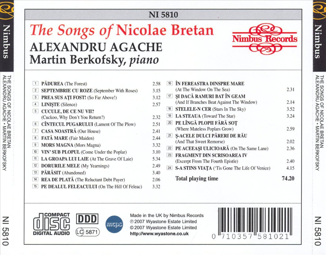Songs of Nicolae Bretan cover art